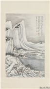 民国于非闇山水　轴,绘画,山水,树木,建筑,人物