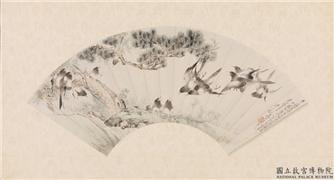 清沙馥松燕扇面　镜片,绘画,山水,树木,翎毛