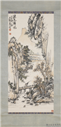 民国王传焘渔父晚归　轴,绘画,山水,树木,人物,建筑,器用