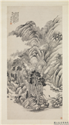清何维朴山水　轴,绘画,山水,树木,人物,建筑,器用