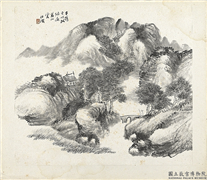 清杨伯润山水　册　手携方竹杖,绘画,山水,树木,建筑,人物