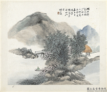 清杨伯润山水　册　湖波新长没鸥沙,绘画,山水,树木,建筑,人物,船