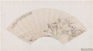 清钱慧安折梅逢驿扇面　镜片,绘画,人物,花草,建筑,山水,走兽,船