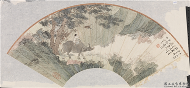 民国溥心畲牧牛扇面　未裱,绘画,人物,走兽,器用,山水,树木,其他植物