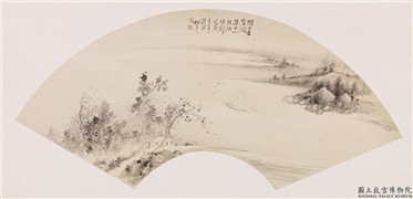 清冯箕山水扇面　镜片,绘画,山水,船,翎毛,树木,建筑
