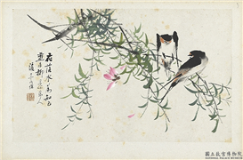 清朱偁花鸟册　册　桃花柳燕,绘画,翎毛,树木,花草
