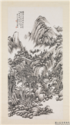民国吴徵墨笔山水　轴,绘画,山水,树木,建筑