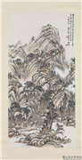 民国吴徵高山流水　轴,绘画,山水,树木,建筑,人物,器用