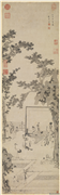 明尤求松阴博古图　轴,绘画,经史-故事,人物,山水,树木,建筑,器用,翎毛