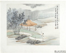 清陆恢山水册　册　山水五,绘画,山水,树木,建筑,人物,器用