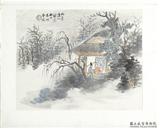 清陆恢山水册　册　山水六,绘画,山水,建筑,树木,人物,器用