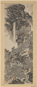 明丁云鹏庐山高　轴,绘画,山水,树木,人物,器用,翎毛,花草