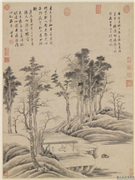 明董其昌临倪瓒东冈草堂图　轴,绘画,山水,建筑,树木,器用,人物
