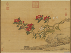 明张宏仿陆治茶花水仙　轴,绘画,花草