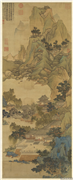明刘度画春山台榭　轴,绘画,山水,建筑,树木,器用,人物,花草