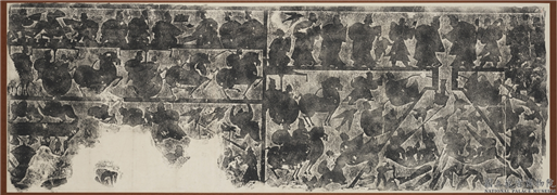 汉武氏祠画像石刻拓片　横披　（二十五）,墨拓,绘画,经史-故事,船,车,走兽,水中动植物,翎毛,人物,建筑,食品,器用