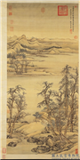 清王翬平林散牧图　轴,绘画,山水,树木,建筑,人物,器用,走兽,翎毛,船