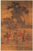 五代梁赵喦八达春游图　轴,绘画,人物,山水,花草,建筑,树木,走兽