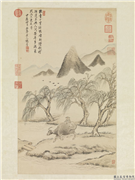 清杨晋画柳塘春牧　轴,绘画,山水,树木,人物,走兽,建筑,花草,翎毛