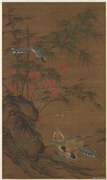明边文进春花三喜　轴,绘画,翎毛,树木,花草