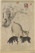 明宣宗画三阳开泰图　轴,绘画,走兽,树木,山水,花草,祥瑞,节令与二十四节气