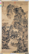 明谢时臣林峦秋霁图　轴,绘画,山水,建筑,树木,器用,佛道人物,人物