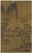 明周臣水亭清兴图　轴,绘画,人物,树木,建筑,山水,器用,船