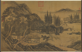 明周臣松窗对奕图　轴,绘画,山水,建筑,树木,器用,走兽,人物