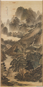 清高其佩山水　轴,绘画,山水,人物,树木,建筑,器用