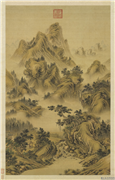 清郎世宁画山水　轴,绘画,山水,树木,人物,建筑,器用