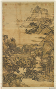 清孙祜秋山楼阁　轴,绘画,山水,树木,建筑,人物,走兽,船