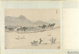 明钱谷纪行图　册　望亭,绘画,船,山水,人物,树木,建筑,器用
