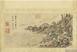 明李流芳画唐人诗意　册　唐郑巢送李式诗,绘画,山水,人物,树木,建筑,船