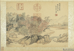 清王翬仿诸家山水　册　仿王蒙红树山庄图,绘画,树木,山水,人物,建筑