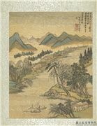 清王翬摹古山水　册　仿赵大年湖庄图,绘画,山水,建筑,树木,船,人物