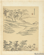 清王翬图绘　册　仿巨然江山渔乐图,绘画,山水,树木,花草,建筑