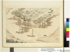 明钱谷张复合画水程图（三）　册　河西务,绘画,建筑,山水,树木,船,人物
