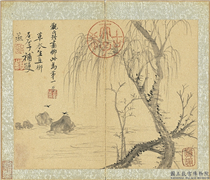国朝名家书画集玉（上）　册　清王翬恽寿平合作柳燕,绘画,山水,树木,翎毛