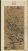 元王渊桃竹春禽　轴,绘画,山水,树木,花草,翎毛