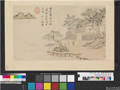 明文嘉诗意图　册　柴门送客,绘画,山水,人物,建筑,树木,船,器用