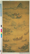 元吴廷晖龙舟夺标　轴,绘画,山水,船,树木,建筑,车,人物,花草,器用,走兽