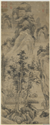 明王绂溪亭高话图　轴,绘画,山水,建筑,器用,树木