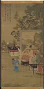 明唐寅画韩熙载夜宴图　轴,绘画,经史-故事,人物,器用,建筑,花草,翎毛,果蔬,山水