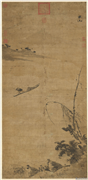 明林山风雨归舟图　轴,绘画,山水,人物,树木,船,翎毛,器用,花草