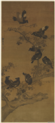 明周之冕画八百长春　轴,绘画,翎毛,树木