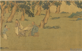 明仇英换茶图文徵明书心经合璧　卷,绘画,书法,经史-故事,人物,佛道人物,建筑,山水,器用,树木,翎毛,花草