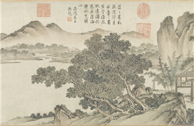 明唐寅山水　卷,绘画,山水,建筑,人物,船,树木,器用