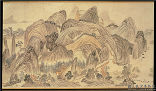 明居节仿唐寅雁宕山图　卷,绘画,山水,人物,树木,走兽,建筑,船,车,器用