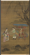 元人春景货郎图　轴,绘画,人物,山水,树木,花草,走兽,翎毛,建筑,器用