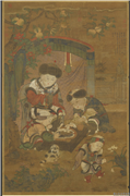 元人画同胞一气图　轴,绘画,山水,花草,建筑,人物,树木,走兽,器用,果蔬,食品